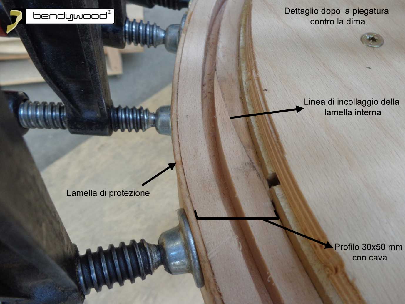 Dettaglio dopo la piegatura contro la dima - Lampadario in Bendywood®